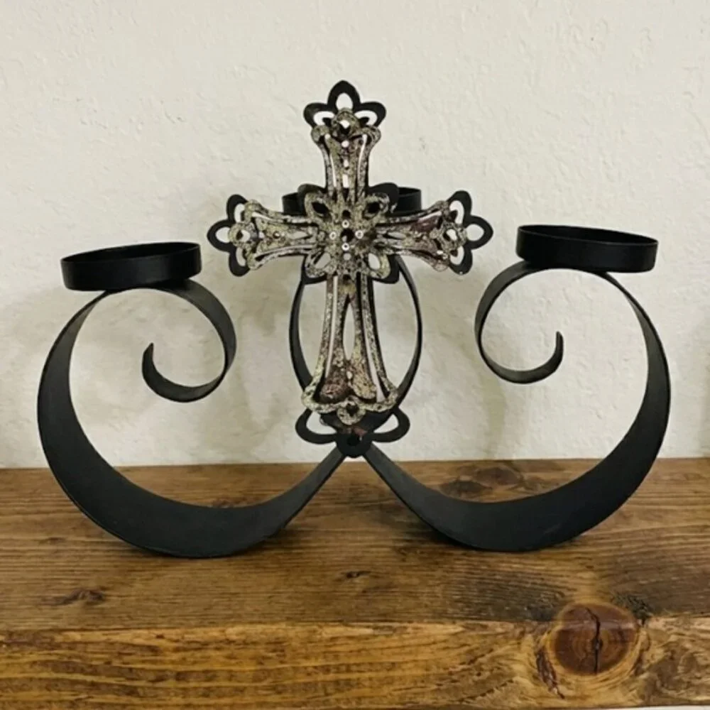 Artisan Jeweled Cross Multi Votive Candelabra Candle Holder Primitive Vintage